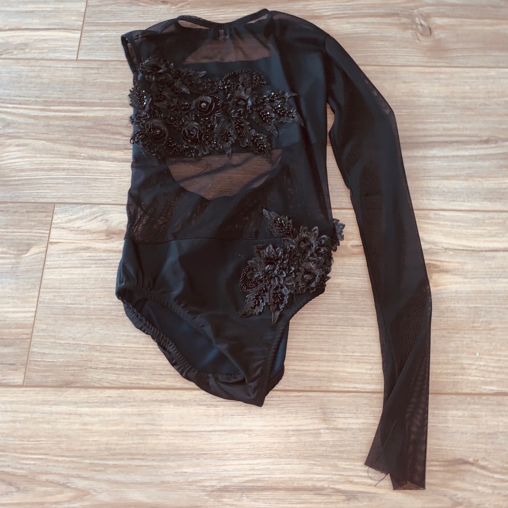 Sokali custom appliqué leotard with one sleeve